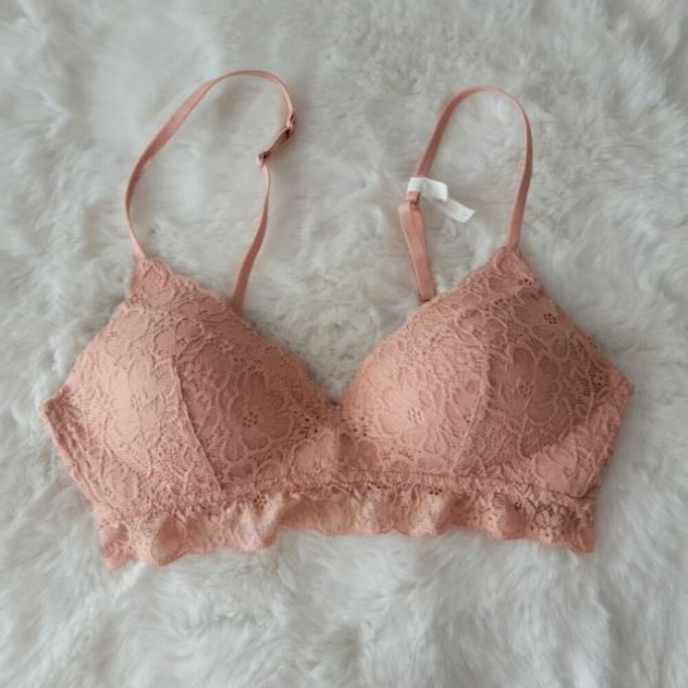 Aerie Pink Real Happy Wireless Lightly Lined Lace Bra Size 32C